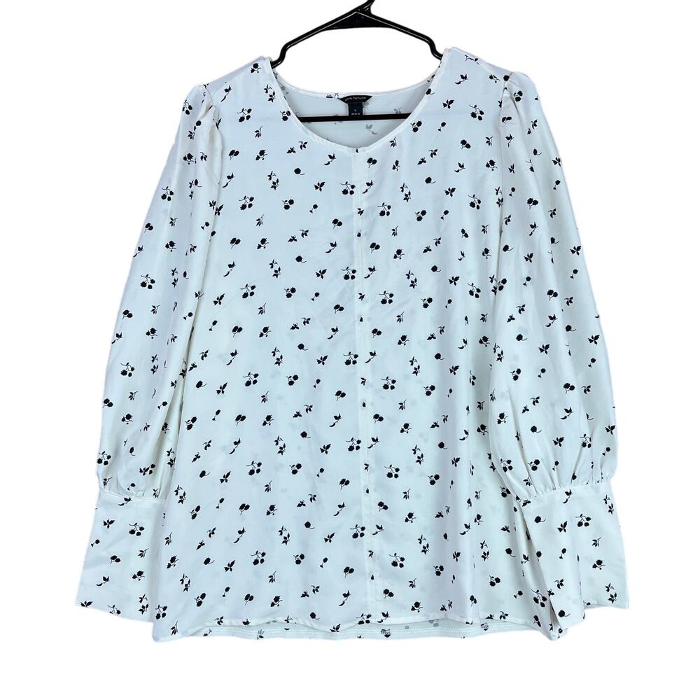 Ann Taylor Womens Blouse White Black Floral Crew Neck Long Sleeve Stretch Large